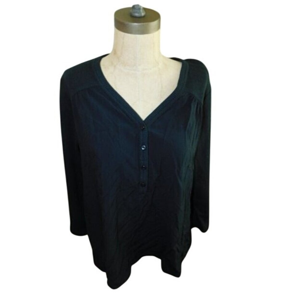 Logo Lori Goldstein Size L Large Black Waffle Knit 3/4 Sleeve Casual Top
